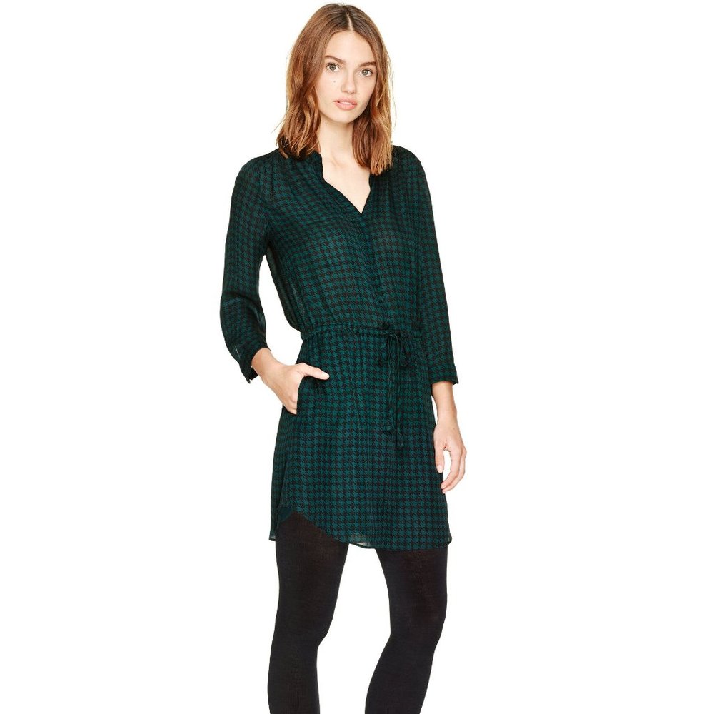 BABATON Black & Green Silk Houndstooth Mini Dress